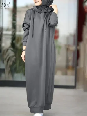Women Winter Hooded Hoodie Dress Long Sleeve Maxi
