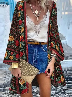 Floral Print Open Front Long Sleeve Cardigan Top