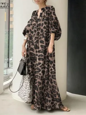 Leopard Print Maxi Dress V Neck Puff Sleeve Sundress