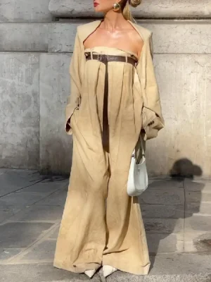 Collarless Long Sleeve Top & Wide Leg Jumpsuit
