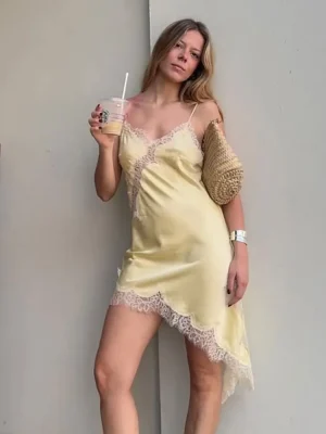 Women Elegant Yellow Lace Mini Dress
