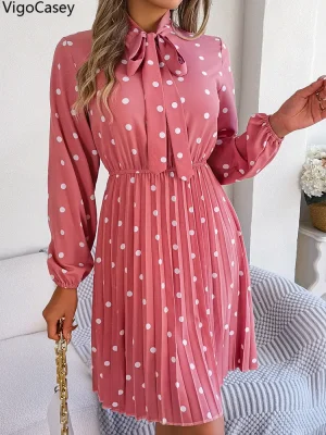 Casual Dot Print Bow Short Dress