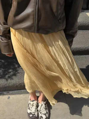 Women Yellow Pleated Midi Skirt