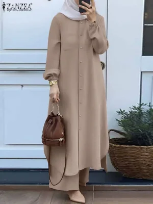 Solid Color Lapel Blouse & Pants Ramadan Outfit