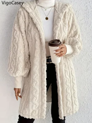 Women’s White Plush Hooded Winter Coat
