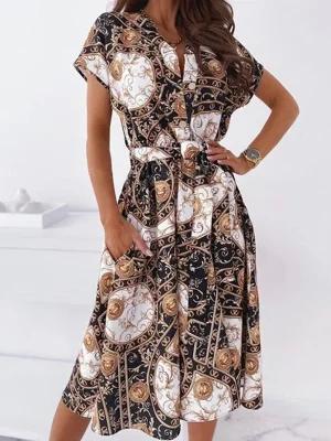 Women’s Vintage Print V-Neck Midi Dress