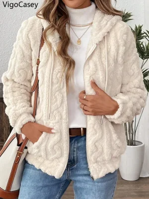 Women’s White Plush Hooded Winter Coat