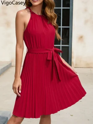 2025 Solid O-Neck Belted Evening Dress