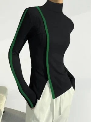 Women’s Black Skinny T-Shirt with Green Stripe