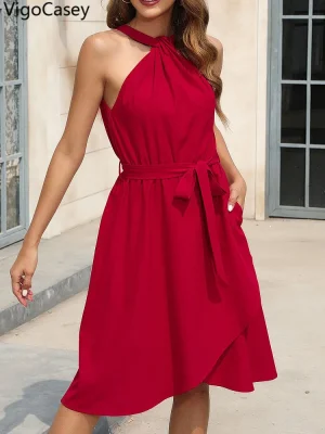2025 Sleeveless Solid Ruffle Belt Evening Dress