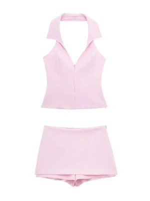 Women’s Pink Halter Crop Top & High Waist Shorts Set