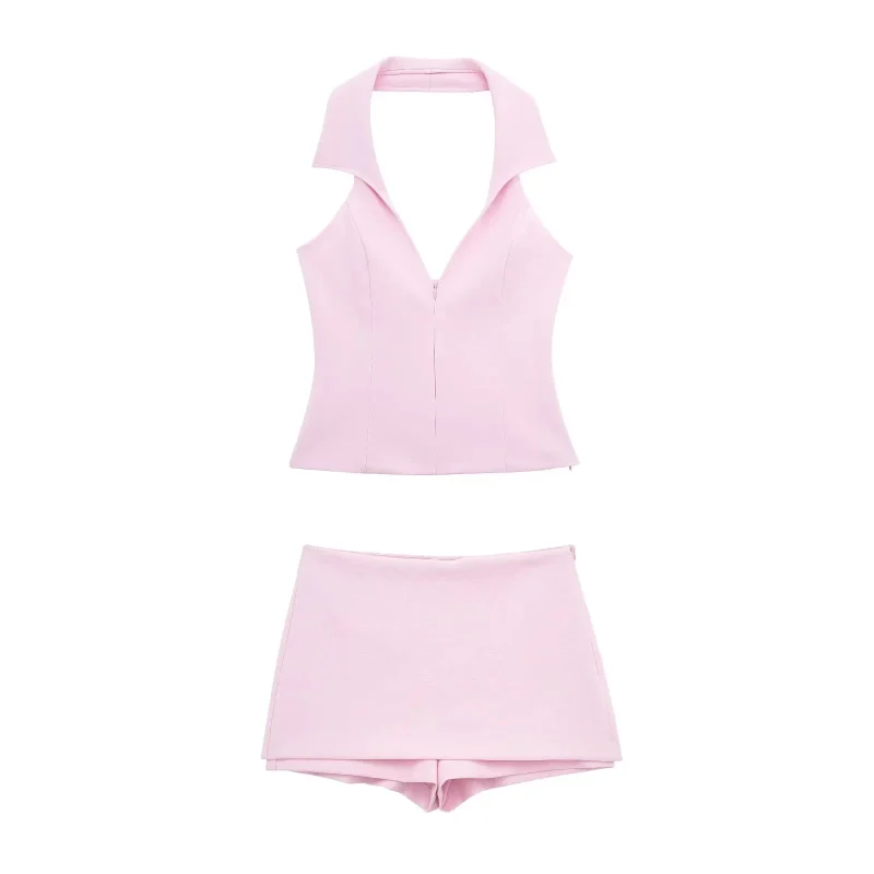 Women’s Pink Halter Crop Top & High Waist Shorts Set