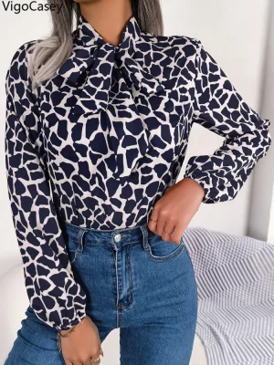 Women’s Chiffon Bow Tie Print Blouse