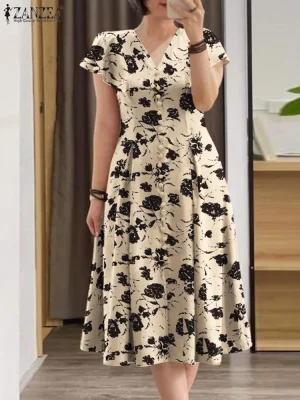 Floral V Neck Midi Dress Summer Ruffle Sundress