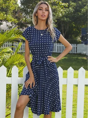 Women’s Elegant Polka Dot Pleated Midi Dress