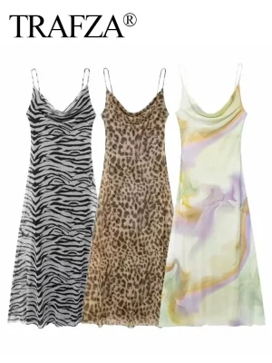Women’s Leopard Print Backless Tulle Maxi Dress