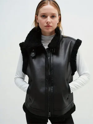 Women Vintage Black Faux Leather Fleece Vest
