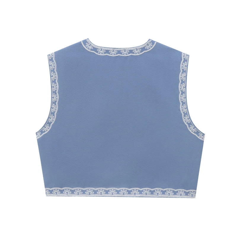 Women’s Floral Embroidered Blue Cropped Vest - Image 8