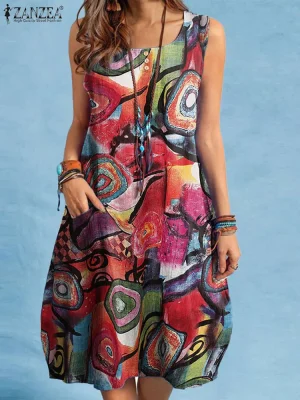 Women’s Sleeveless Boho Printed Sundress with Pockets