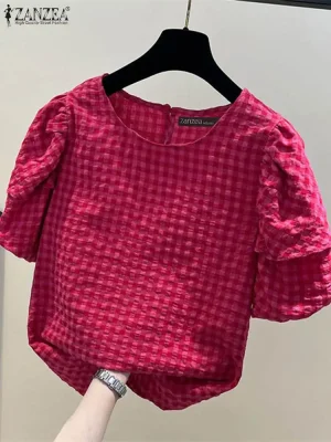 Women’s Summer Checked Puff Sleeve Blouse