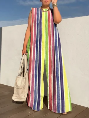 Women’s Striped Sleeveless Wide Leg Jumpsuit