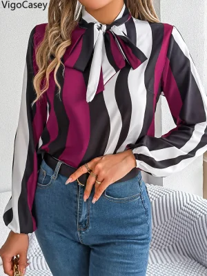 Women’s Stripe Chiffon Lantern Sleeve Blouse