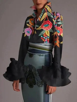 Women’s Floral Print Blouse with Lapel Collar