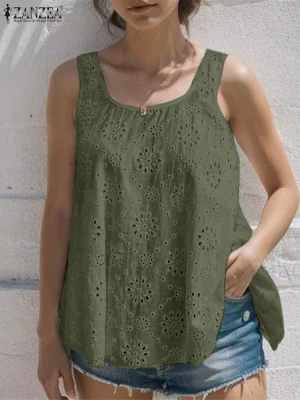 Summer Embroidered Sleeveless Blouse Casual Tunic Top