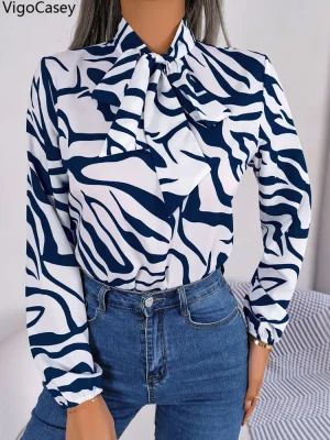 Women’s Stripe Chiffon Bow Tie Blouse