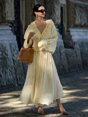 Women Elegant Yellow Ruffle Skirt Set