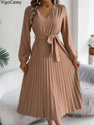 Women’s Khaki V-Neck Long Sleeve Maxi Dress