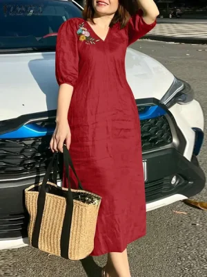 Women V-Neck Embroidered Midi Dress