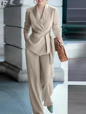 Elegant Women’s Blazer Pant Set with Tied Waist Top