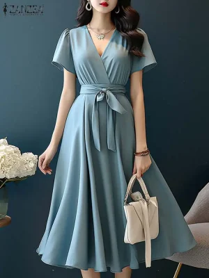 Women’s 2025 Belted V-Neck Midi Dress