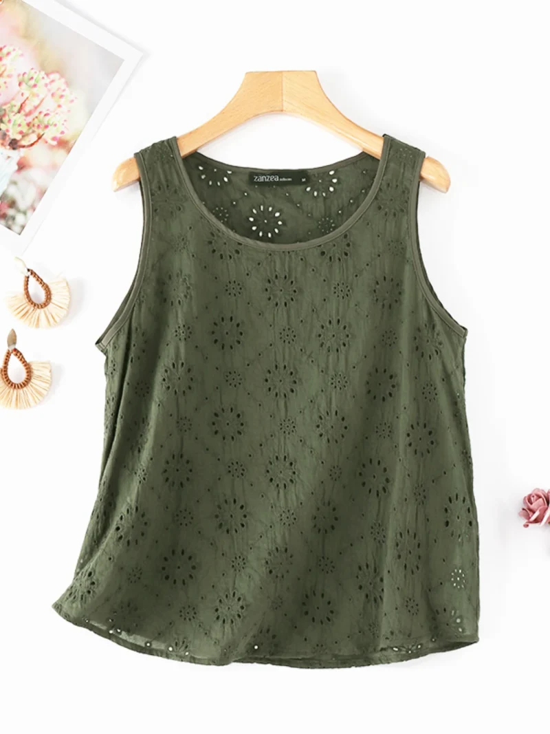 Summer Embroidered Sleeveless Blouse Casual Tunic Top - Image 4
