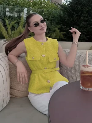 Women Elegant Yellow Tweed Belted Vest