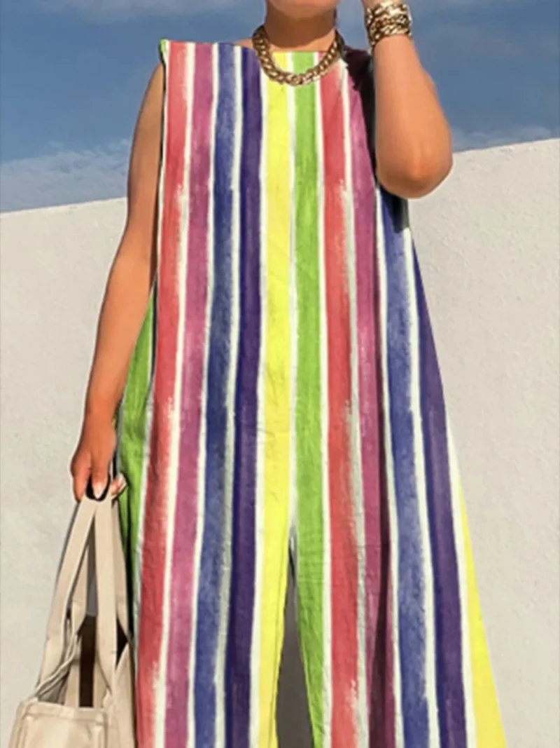 Women’s Striped Sleeveless Wide Leg Jumpsuit - Image 2