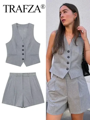 Women’s Grey Vest & Shorts Set