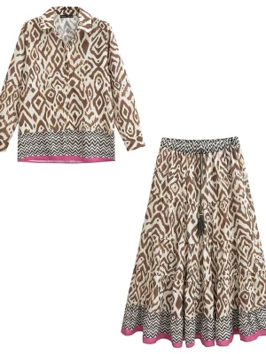 Women’s Vintage Print Blouse & Midi Skirt Set