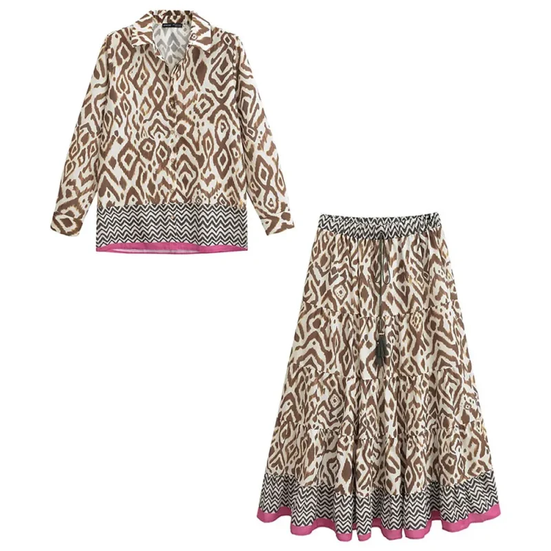 Women’s Vintage Print Blouse & Midi Skirt Set