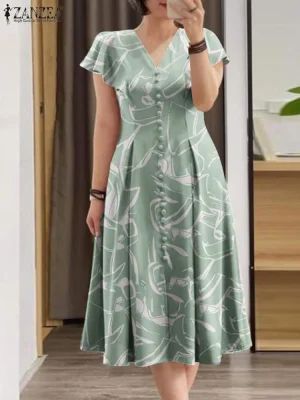 Elegant V Neck Midi Dress Summer Ruffle Sundress