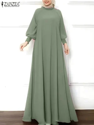 Elegant Muslim Maxi Dress Solid Ruffle Abaya