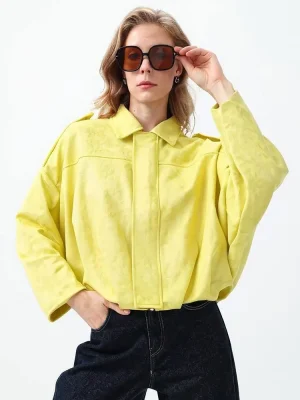 Women Yellow Suede Bomber Jacket