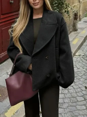 Women Grey Tweed Double-Breasted Coat