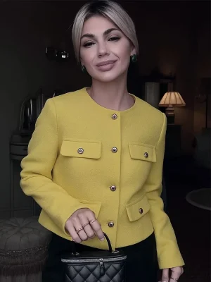 Women Elegant Yellow Coat with Buttons
