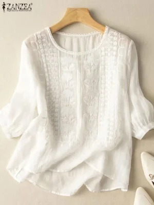 Elegant Embroidered Cotton Blouse Puff Sleeve Top