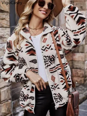 Women’s Printed Plush Zipper Winter Jacket