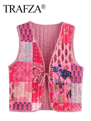 Women’s Vintage Print Lace-Up Vest