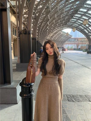 French High Neck Knit Sweater & Skirt Set Women