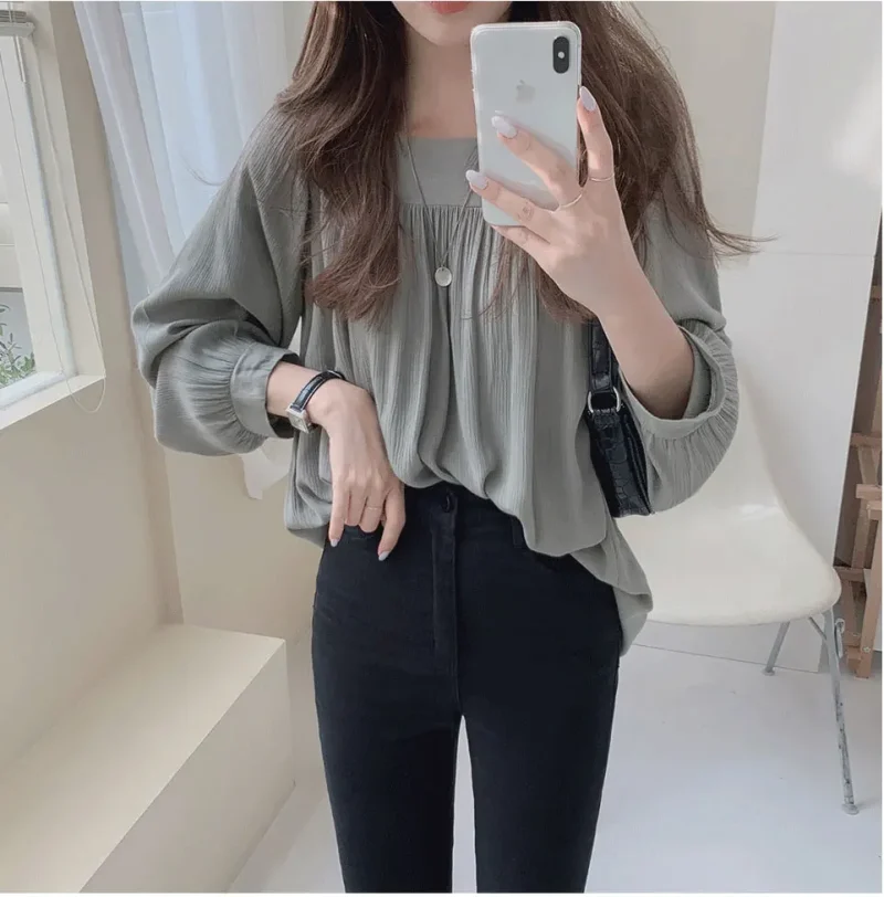 Women's Sweet Retro Chiffon Top Spring Summer Loose Square Collar Blouse - Image 2